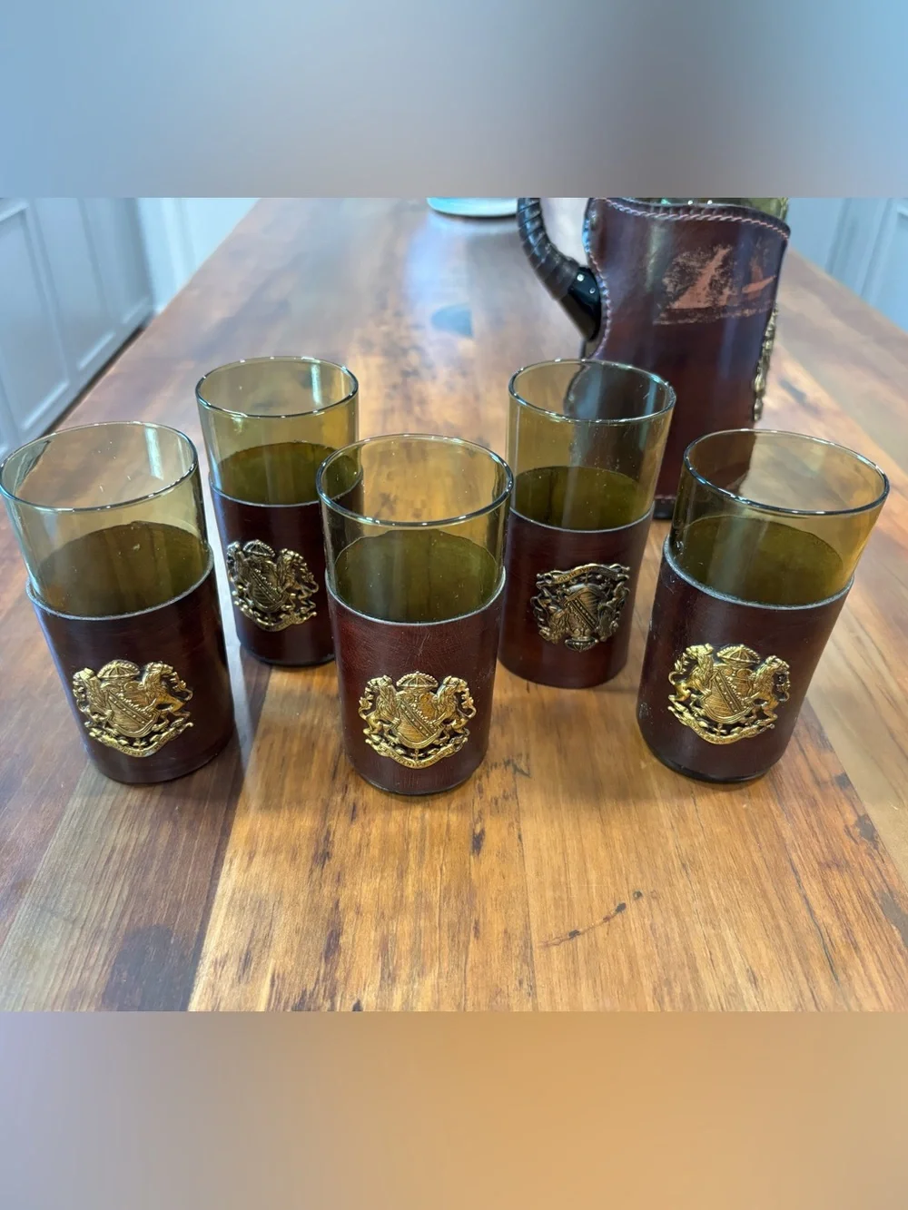 Vintage Italian Leather Wrapped Green Glass Pitcher & 5 Cocktail Glasses Set